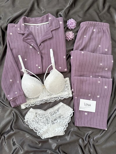 Gülkursu Yıldız Desenli Dörtlü Polar Pijama Takımı