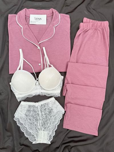 Gülkurusu Biyeli 4lü Kısa Kollu Pijama Takım