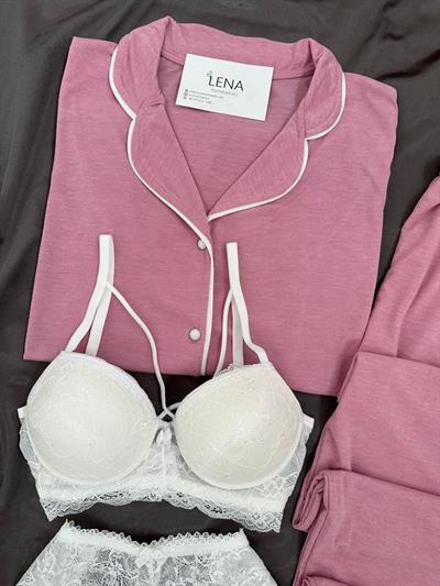 Gülkurusu Biyeli 4lü Kısa Kollu Pijama Takım