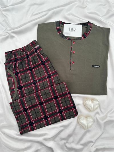 Haki Ekose Uzun Kollu Erkek Pijama Takımı