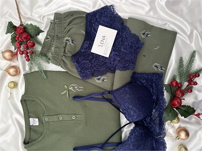 Haki Zeytin Desenli 4lü Patlı Waffle Pijama Takımı