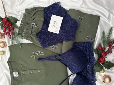 Haki Zeytin Desenli 4lü Patlı Waffle Pijama Takımı