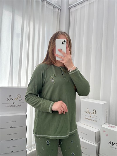 Haki Zeytin Desenli Patlı Waffle Pijama Takımı