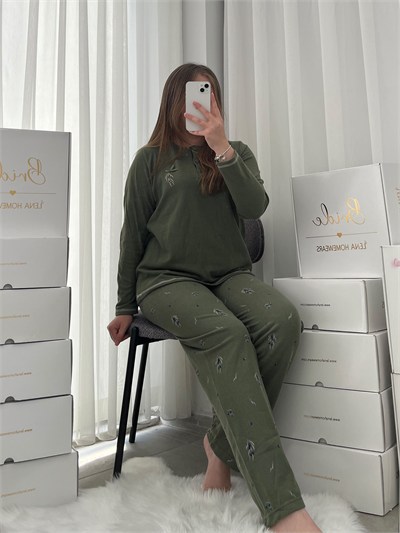 Haki Zeytin Desenli Patlı Waffle Pijama Takımı