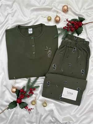 Haki Zeytin Desenli Patlı Waffle Pijama Takımı