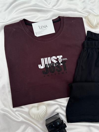 Just Bordo Pamuk Erkek Şortlu Pijama Takımı
