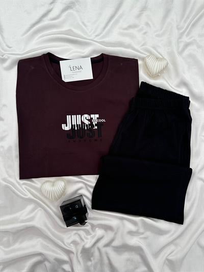 Just Bordo Pamuk Erkek Şortlu Pijama Takımı