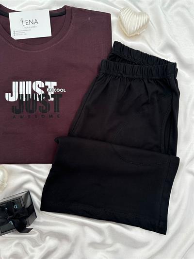 Just Bordo Pamuk Erkek Şortlu Pijama Takımı