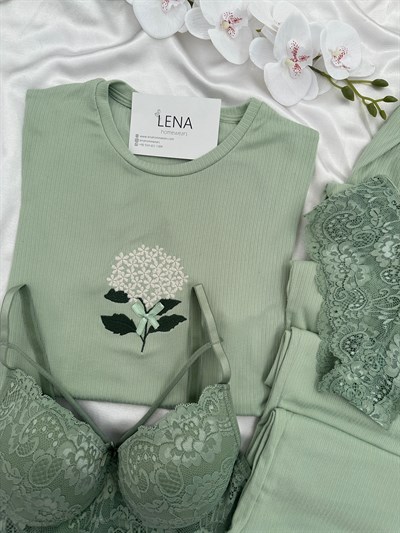 Kadın Çağla Nakışlı Kısa Kollu Dörtlü Pijama Takımı 