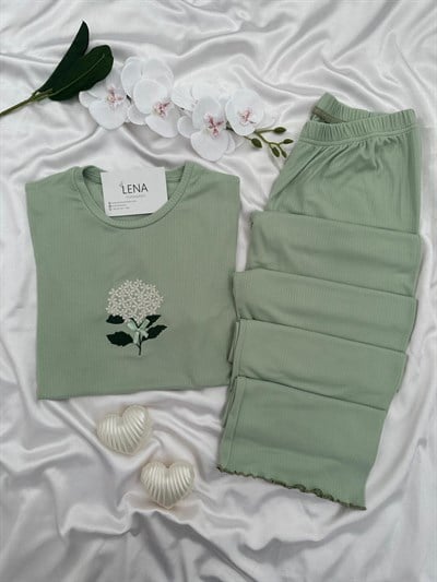 Kadın Çağla Nakışlı Kısa Kollu Oslo Pijama Takımı