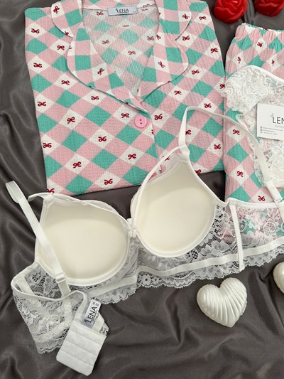 Kadın Fiyonk Ekose Dörtlü Şortlu Pijama Takımı