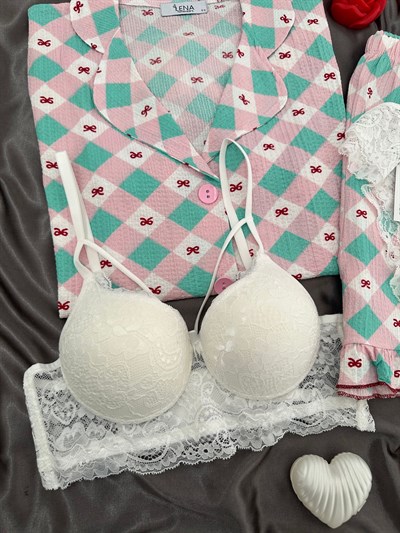 Kadın Fiyonk Ekose Dörtlü Şortlu Pijama Takımı