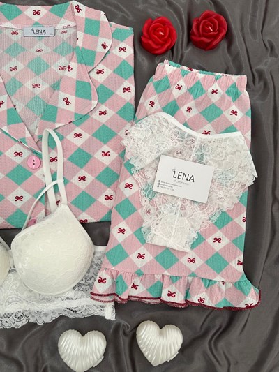 Kadın Fiyonk Ekose Dörtlü Şortlu Pijama Takımı