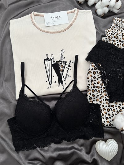 Kadın Leopar Desenli 4lü Waffle Pijama Takımı