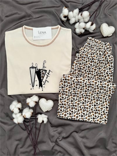 Kadın Leopar Desenli Waffle Pijama Takımı