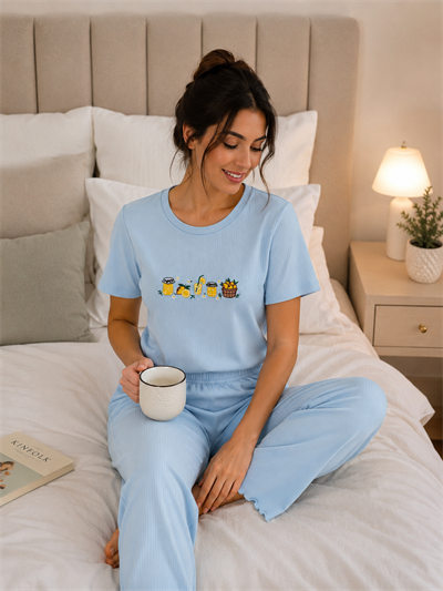 Kadın Mavi Nakışlı Kısa Kollu Dörtlü Pijama Takımı 