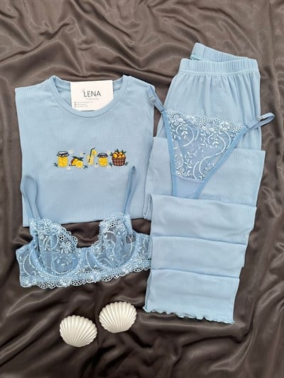 Kadın Mavi Nakışlı Kısa Kollu Dörtlü Pijama Takımı 
