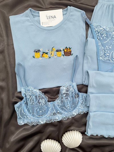 Kadın Mavi Nakışlı Kısa Kollu Dörtlü Pijama Takımı 