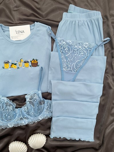 Kadın Mavi Nakışlı Kısa Kollu Dörtlü Pijama Takımı 