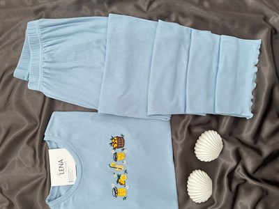 Kadın Mavi Nakışlı Kısa Kollu Oslo Pijama Takımı