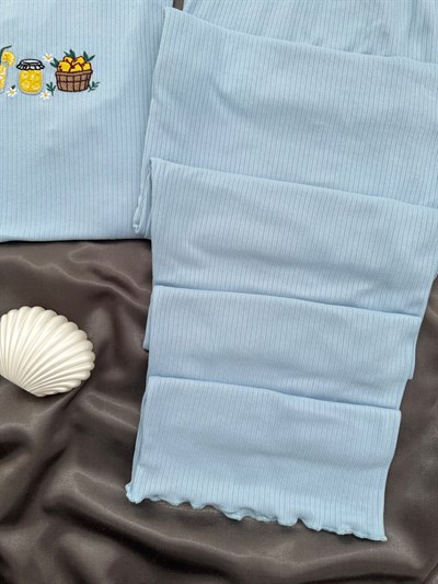 Kadın Mavi Nakışlı Kısa Kollu Oslo Pijama Takımı