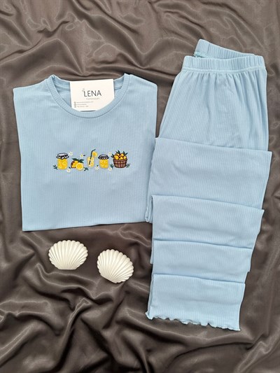 Kadın Mavi Nakışlı Kısa Kollu Oslo Pijama Takımı