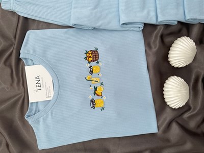 Kadın Mavi Nakışlı Kısa Kollu Oslo Pijama Takımı