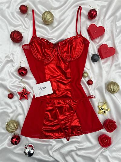 Kırmızı Zımba Deri Gecelik Takımı