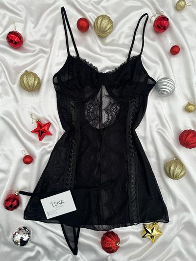 Siyah Barling Dantel Gecelik Takımı