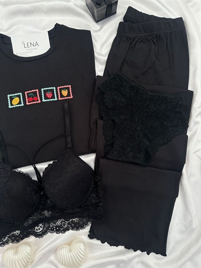 Kadın Siyah Nakışlı Kısa Kollu Dörtlü Pijama Takımı 