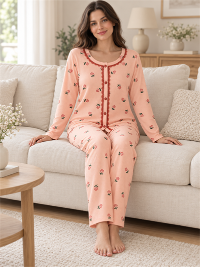 Kadın Somon Gül Desenli Waffle Uzun Kollu Pijama Takımı