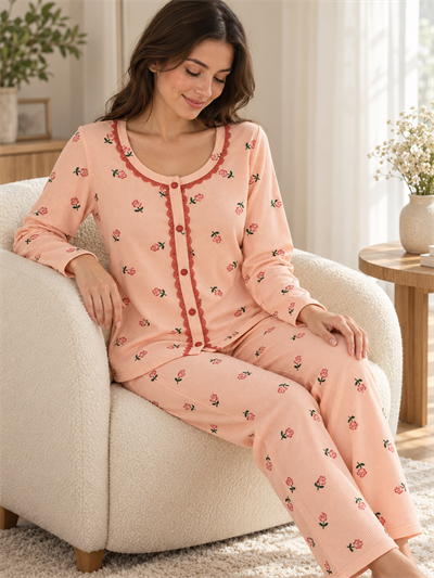 Kadın Somon Gül Desenli Waffle Uzun Kollu Pijama Takımı