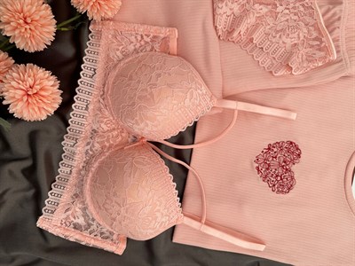 Kadın Somon Nakışlı Kısa Kollu Dörtlü Pijama Takımı 