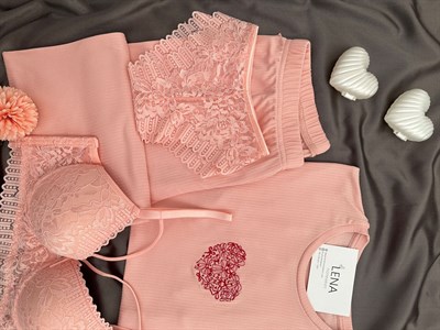 Kadın Somon Nakışlı Kısa Kollu Dörtlü Pijama Takımı 