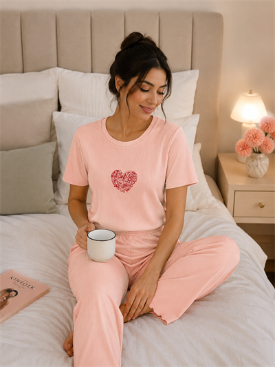 Kadın Somon Nakışlı Kısa Kollu Dörtlü Pijama Takımı 