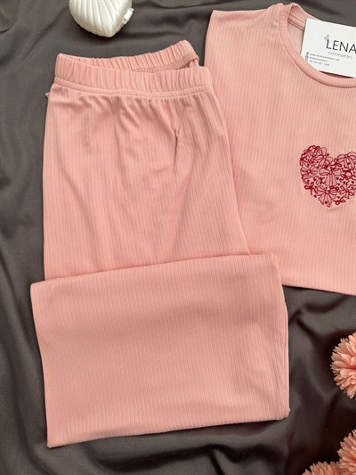 Kadın Somon Nakışlı Kısa Kollu Oslo Pijama Takımı