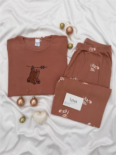 Kahve Ayıcık Desenli Bisiklet Yaka Pijama Takımı