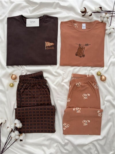 Kahve Ayıcık & Kahverengi Ekose Sevgili Çift Uzun Kollu Pijama Takımı (2Lİ SET)