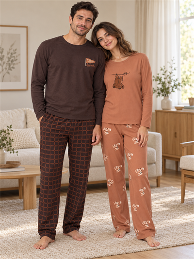 Kahve Ayıcık & Kahverengi Ekose Sevgili Çift Uzun Kollu Pijama Takımı (2Lİ SET)