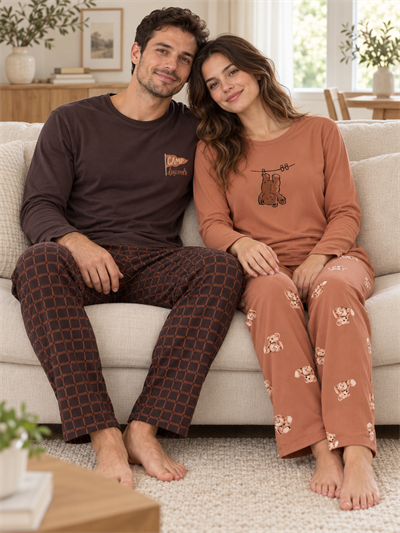 Kahve Ayıcık & Kahverengi Ekose Sevgili Çift Uzun Kollu Pijama Takımı (2Lİ SET)