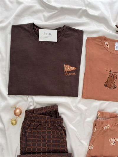 Kahve Ayıcık & Kahverengi Ekose Sevgili Çift Uzun Kollu Pijama Takımı (2Lİ SET)