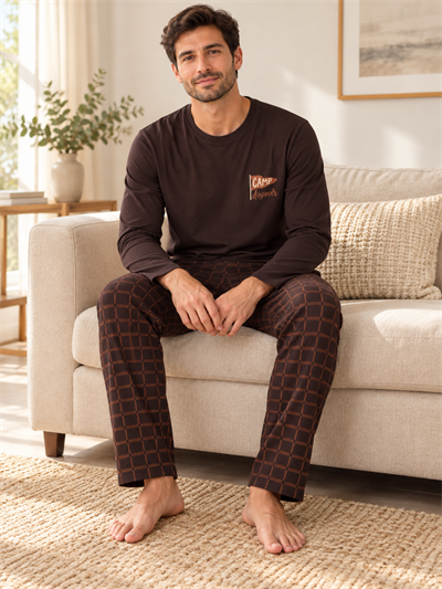Kahve Ekose Erkek Uzun kollu Pamuklu Pijama Takımı
