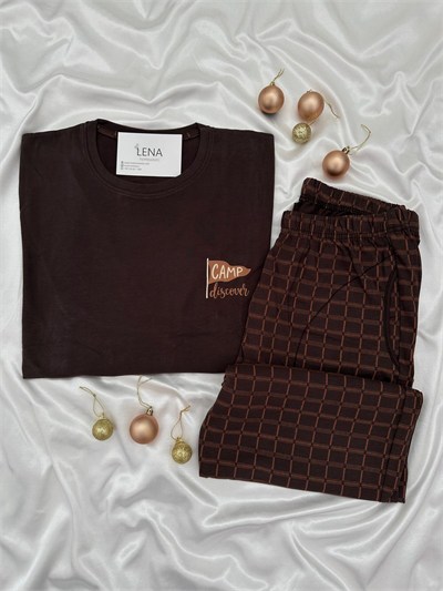 Kahve Ekose Erkek Uzun kollu Pamuklu Pijama Takımı