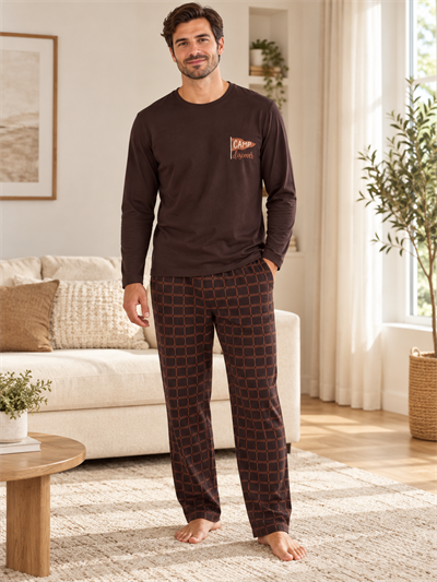 Kahve Ekose Erkek Uzun kollu Pamuklu Pijama Takımı