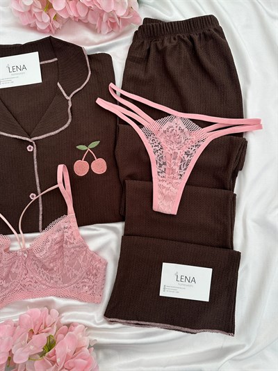 Kahve Kiraz İşlemeli Bürümcük Dörtlü Pijama Takımı🍒