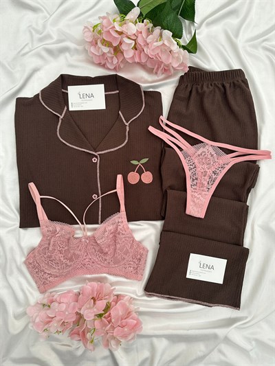 Kahve Kiraz İşlemeli Bürümcük Dörtlü Pijama Takımı🍒
