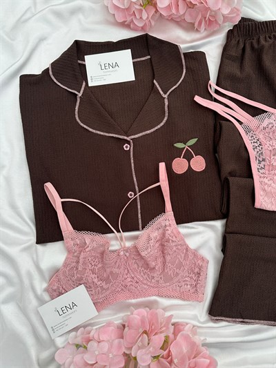 Kahve Kiraz İşlemeli Bürümcük Dörtlü Pijama Takımı🍒