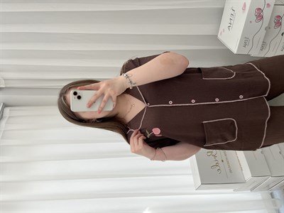Kahve Kiraz İşlemeli Bürümcük Pijama Takımı