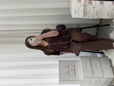 Kahve Kiraz İşlemeli Bürümcük Pijama Takımı