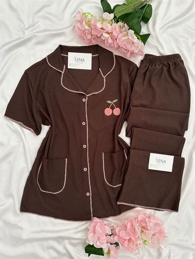 Kahve Kiraz İşlemeli Bürümcük Pijama Takımı